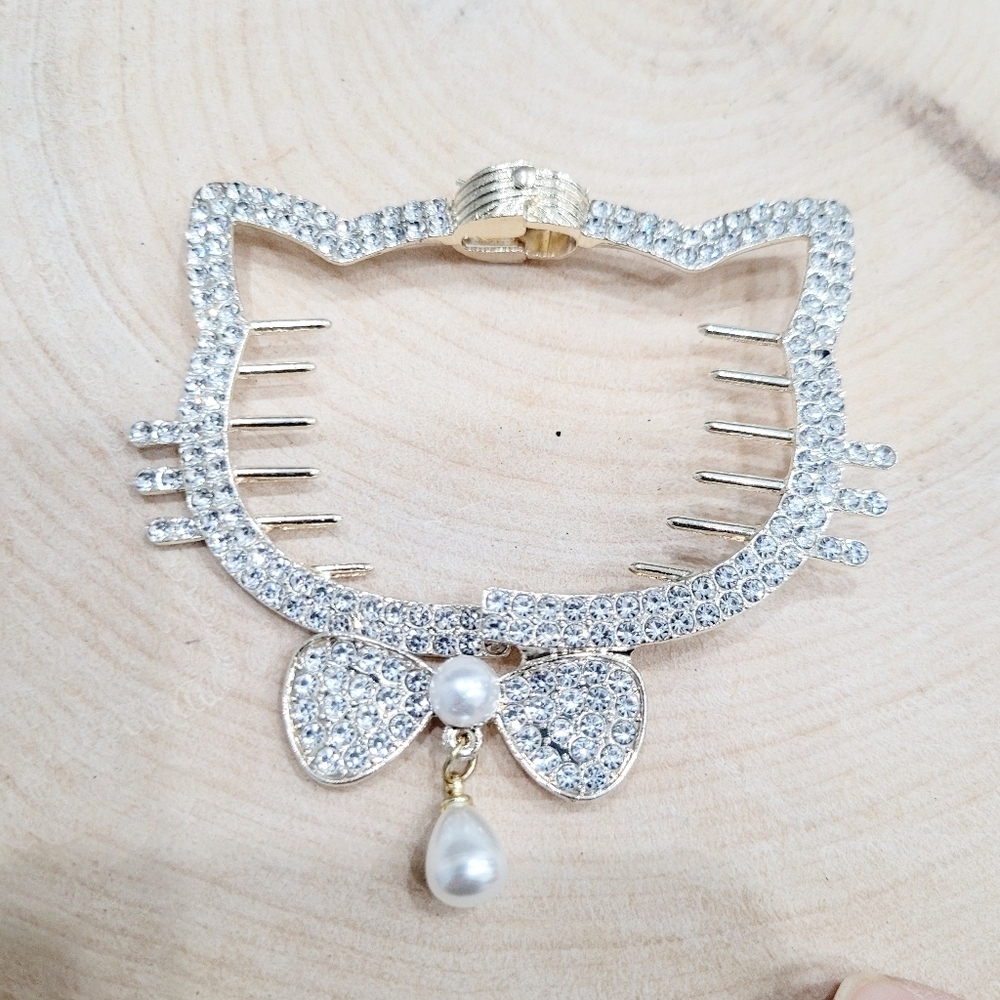Brand New Gold Tone Rhinestone Pearl Kitty Cat Hair Accessories